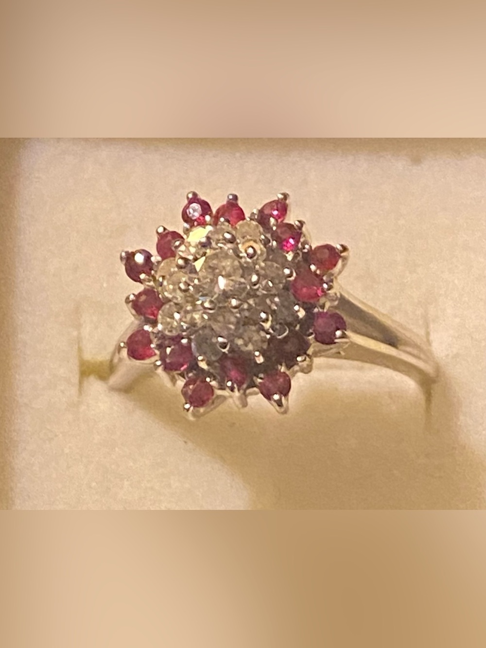 14K White Gold Ruby & Diamond Cluster Ring Size 7.5 Weighs 4.5 Grams